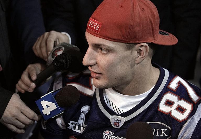 New England Patriots tight end Rob Gronkowski answers questions during a news conference in Indianapolis ahead of Super Bowl XLVI on Feb. 5. (AP)