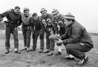 Left to right: Babe Parilli, Larry Eisenhauer, Bill Neighbors, Nick Buniconti, Ron Hall, and Gino Cappelletti during a practice session on Dec. 17, 1964 in Boston before a game with the Buffalo Bills. (AP)