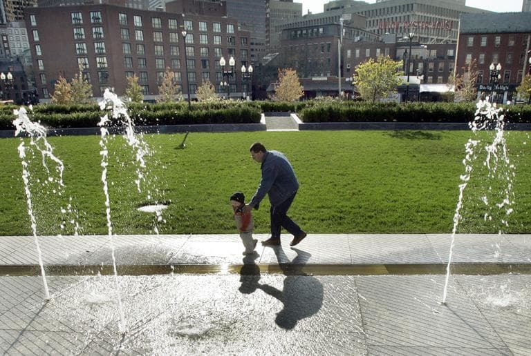 Aldo DiLemme of North Reading, Mass., guides his girlfriend's grandson, Julian, by the fountains along the Rose Fitzgerald Kennedy Greenway in Boston. The nonprofit has come under fire for the six-figure salaries of five officials and has been told that it must wean itself off public money by the end of the decade. (AP)