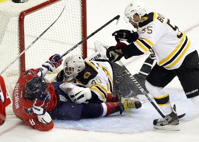 Washington Capitals left wing Alex Ovechkin (8) collides with Boston Bruins goalie Tim Thomas. (AP)