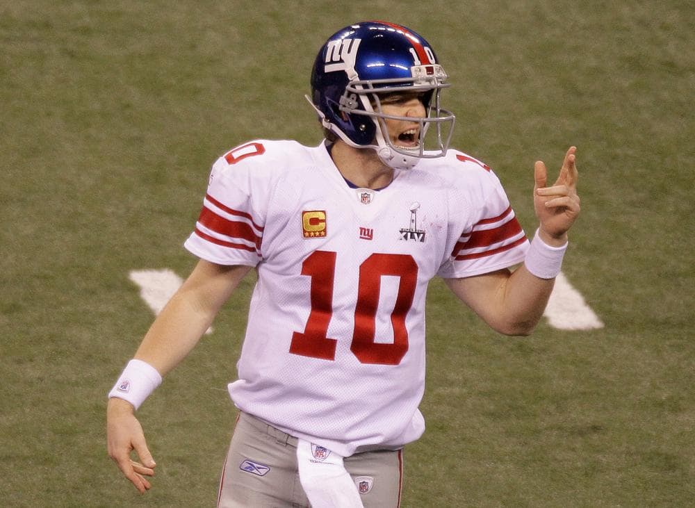 New York Giants quarterback Eli Manning (10) reacts during the second half of the NFL Super Bowl XLVI football game Sunday in Indianapolis. (AP)