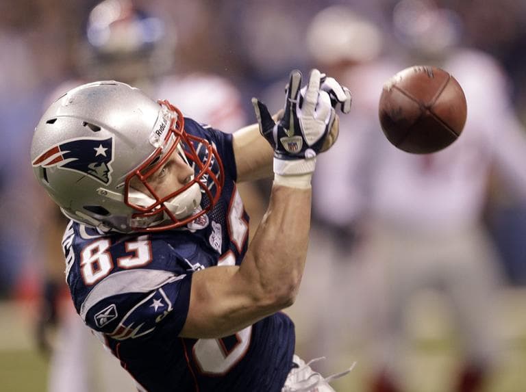 New England Patriots wide receiver Wes Welker drops a pass during the second half of the Super Bowl game against the New York Giants Sunday. (AP)