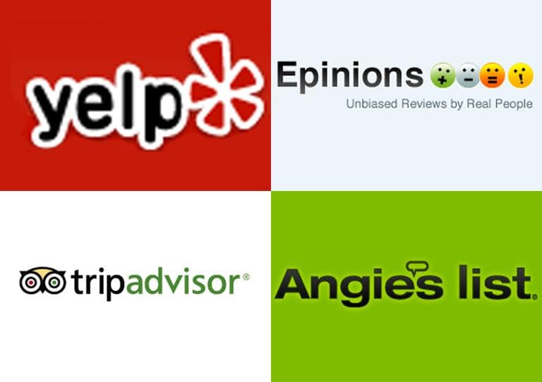 Top online review sites Yelp.com, Epinions.com, tripadvisor.com, and Angieslist.com