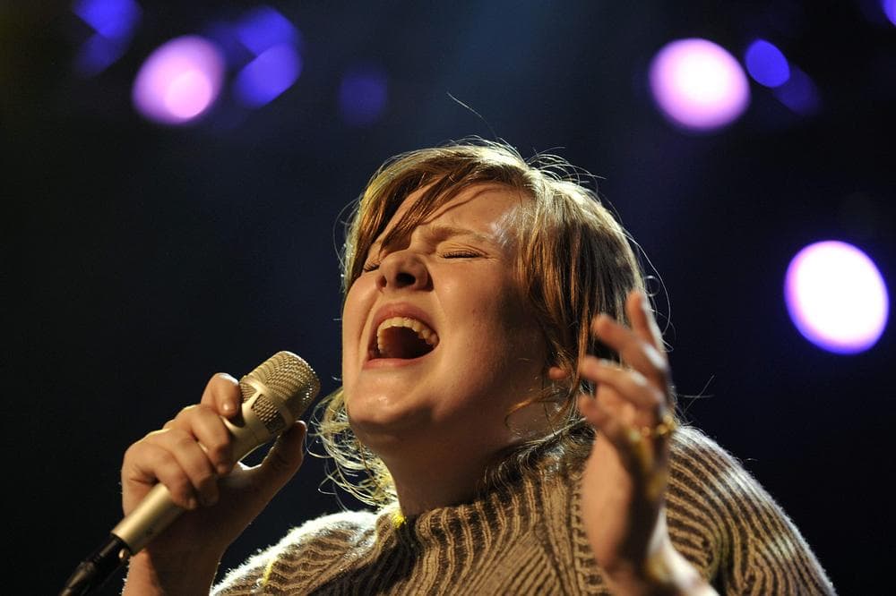 British singer Adele performs on the stage of the Miles Davis hall in Montreux, Switzerland. (AP)