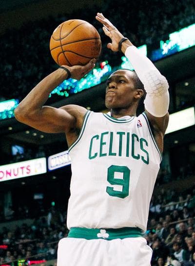 Boston Celtics&#039; Rajon Rondo shoots a 3-pointer in the first quarter against the Chicago Bulls Sunday. (AP)