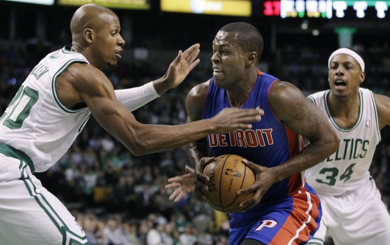 Detroit Pistons guard Rodney Stuckey controls the ball against Boston Celtics guard Ray Allen and forward Paul Pierce in the first half of an NBA basketball game in Boston, Wednesday. (AP)