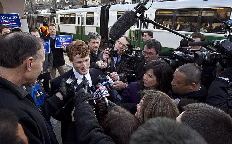 Joseph Kennedy III speaks with the media at the Newton Center Green Line Station after launching his campaign for Congress Thursday. (AP)