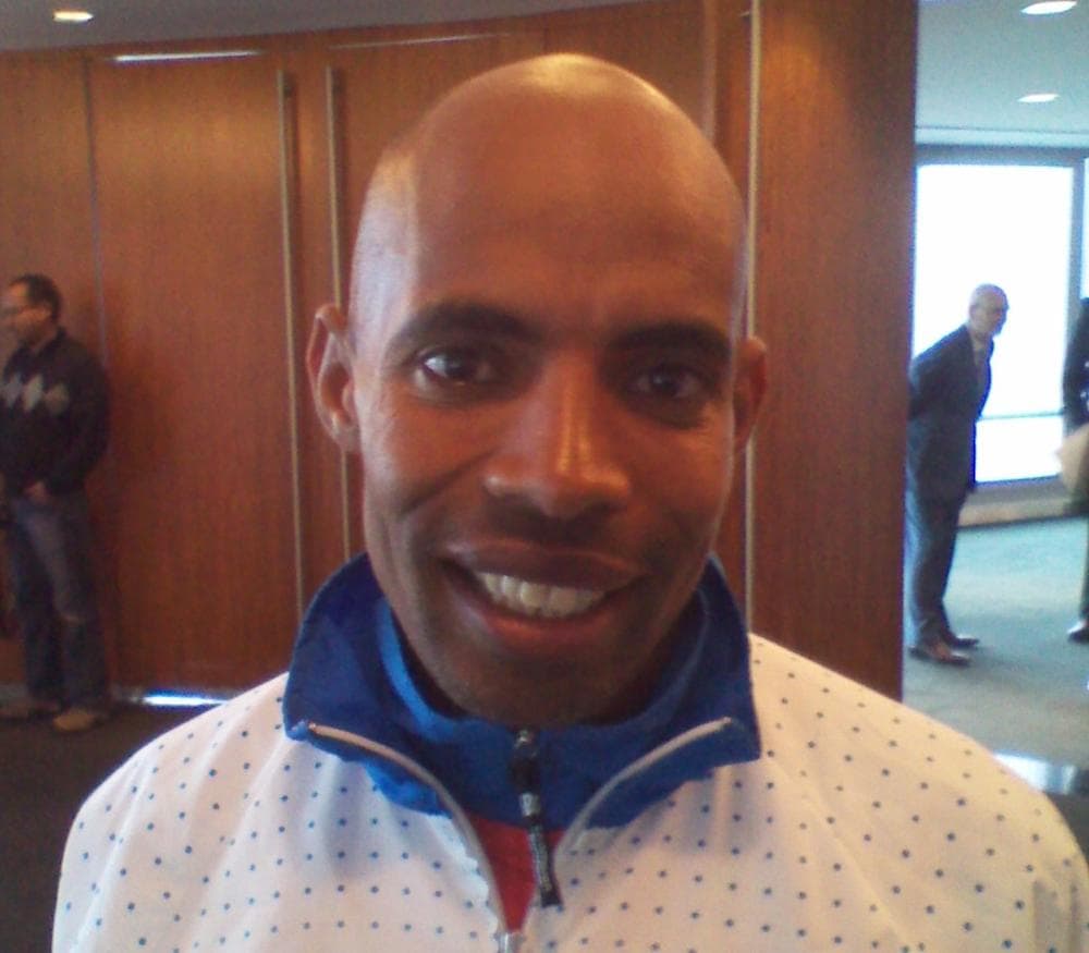Runner Meb Keflezighi at a recent stop in Boston. (Alex Ashlock/Here &amp; Now)