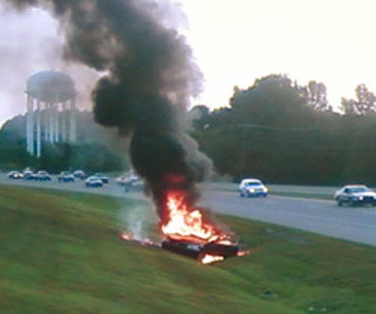 This dashboard police video photo shows what authorities say is a mobile shake-and-bake meth lab vehicle burning in August, 2011, in Clarksville, Tenn. (AP)