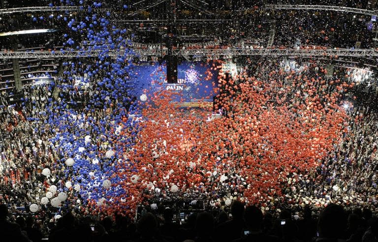 Balloons fall as Republican presidential nominee John McCain  and his family at the Republican National Convention in St. Paul, Minn., in September, 2008. (AP)