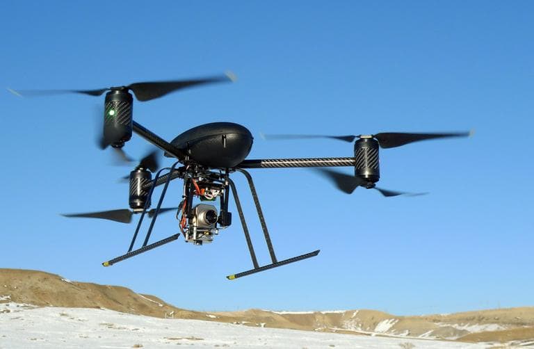 A small Draganflyer X6 drone is photographed in January 2009 during a test flight in Mesa County, Colo., with a Forward Looking Infer Red payload. (AP)