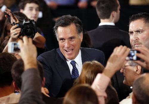 Republican presidential candidate, former Massachusetts Gov. Mitt Romney, greets supporters at his election watch party after winning the Michigan primary in Novi, Mich., Tuesday, Feb. 28, 2012. (AP)
