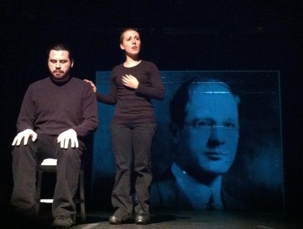 Actors portraying US Olympic Committee President Avery Brundage and his wife on stage at MIT&#039;s Kresge Little Theater.