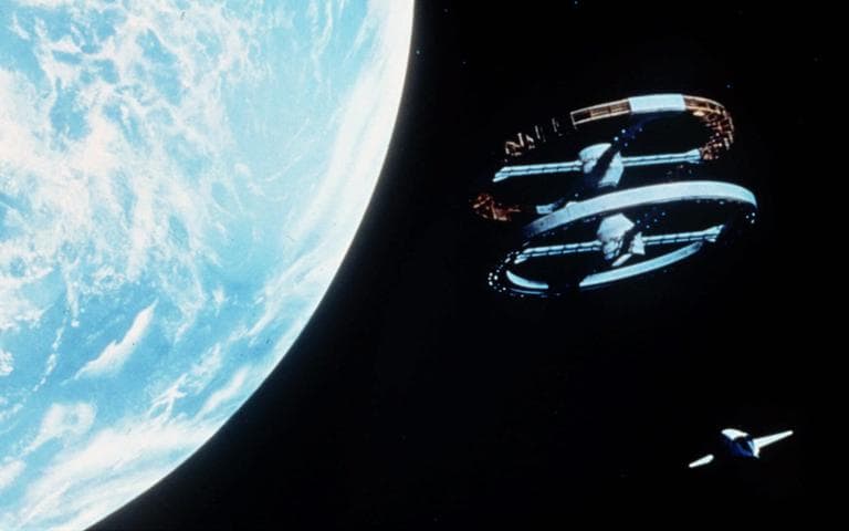 This is scene from Stanley Kubrick's 1968 film, &quot;2001: A Space Odyssey,&quot; showing a space shuttle, lower right, approching a space station. (AP)