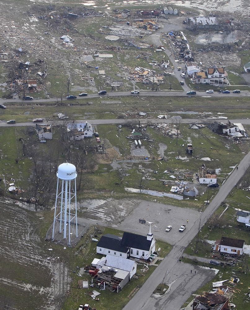 Aerial photo of debris strewn about in Marysville, Ind., after a tornado swept through the area Friday. (Al Behrman/AP)