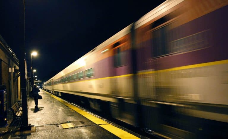 In this photo taken May 24, 2011, a commuter train leaves the MBTA station in Andover, Mass. (AP)