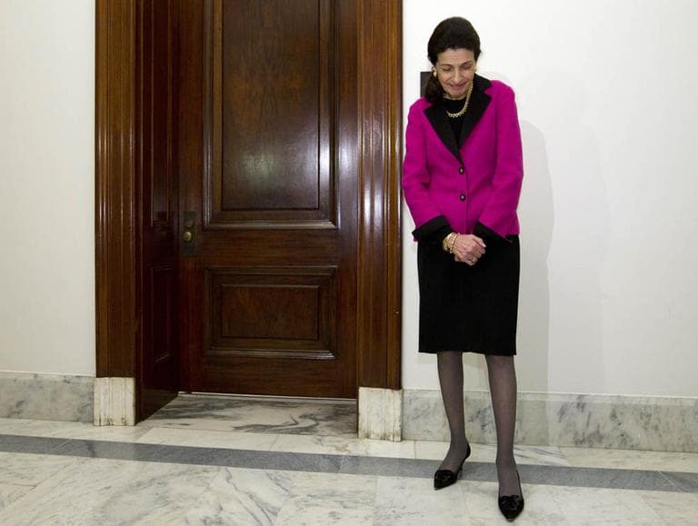 Sen. Olympia Snowe, R-Maine, stand outside the door to her office on Capitol Hill in Washington, Tuesday night, Feb. 28, 2012, before she talked about her decision not to run for re-election this fall. (AP)