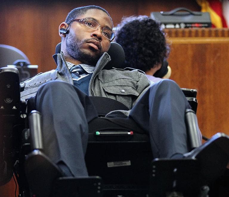 Mattapan shooting victim Marcus Hurd after testifying in Suffolk Superior Court in Boston, Wednesday (AP)