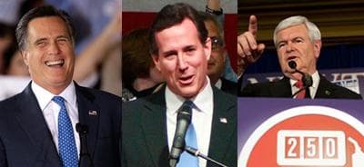 Three candidates, Mitt Romney, Rick Santorum and Newt Gingrich, declared victory in separate Super Tuesday victories. (AP)