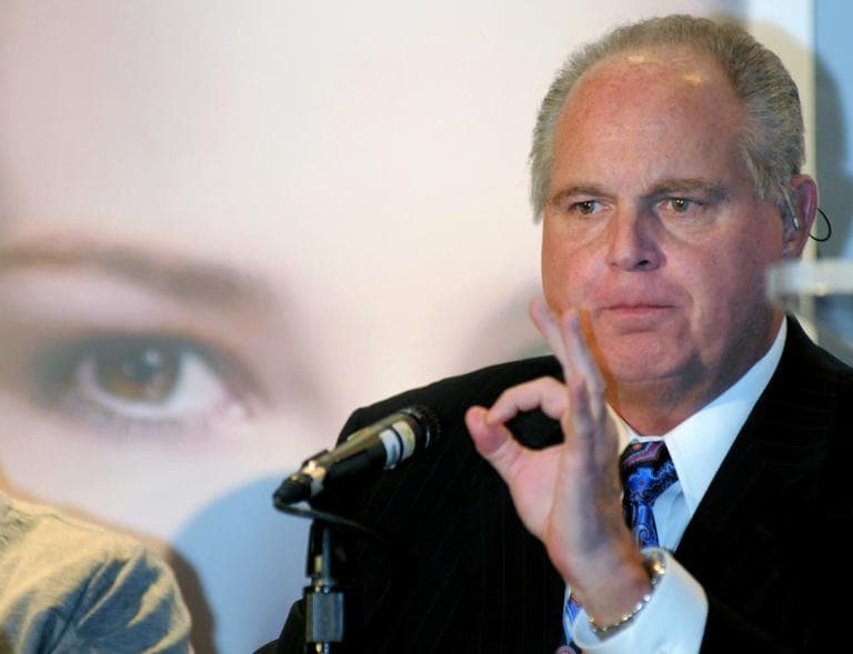 Radio talk-show host Rush Limbaugh, one of six judges for the pageant, speaks during a Miss America news conference in Las Vegas Jan. 27, 2010 . Limbaugh drew fire Friday, March 2, 2012 from many directions for his depiction of a college student as a &quot;slut&quot; because she testified before Congress about the need for contraceptive coverage. (AP)