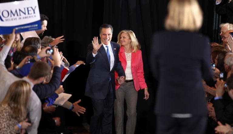 Republican presidential candidate, former Massachusetts Gov. Mitt Romney, and his wife Ann greet supporters as they arrive at their Super Tuesday primary night rally in Boston, Tuesday, March 6, 2012. (AP)