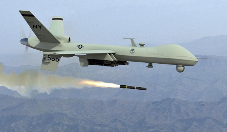 A drone firing a Hellfire missile. (U.S. Air Force)