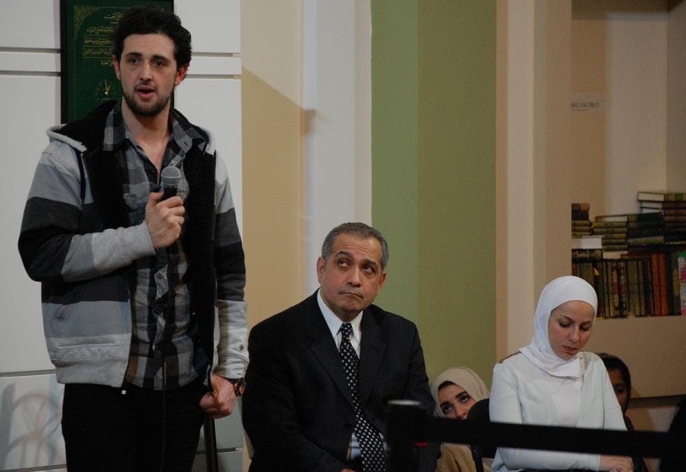 Syrian activist Danny Abdul Dayem, speaking at the Islamic Society of Boston Cultural Center in Boston. (Jill Ryan/Here & Now)