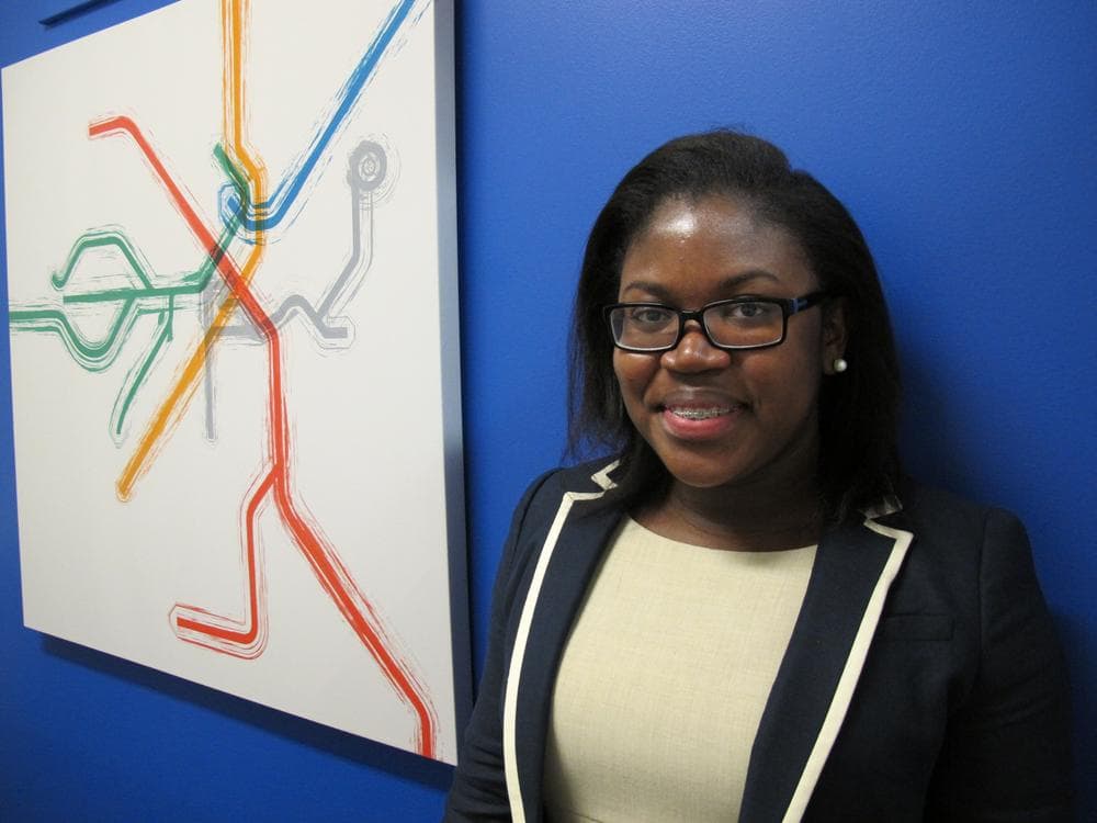 Marie St. Jean went to Year Up to be trained in finance and now works at State Street as a senior fund accountant. (Monica Brady-Myerov/WBUR)