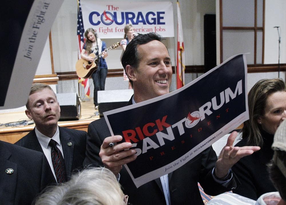 Republican presidential candidate, former Pennsylvania Sen. Rick Santorum visits with supporters during a rally, Monday, March 12 in Montgomery, Ala.  (AP)