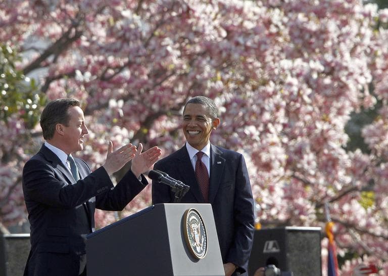 President Barack Obama listens as British Prime Minister David Cameron speaks during an arrival ceremony on the South Lawn of the White House in Washington Wednesday, March 14, 2012. (AP)