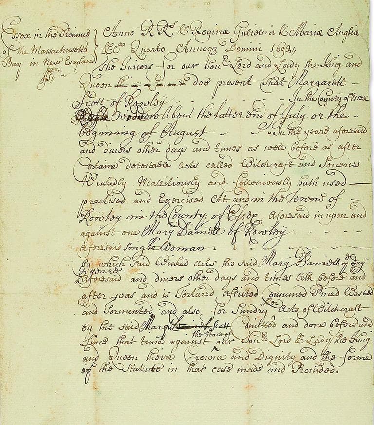 Original indictment of Margaret Scott for &quot;certaine detestable arts called Witchcraft and Sorceries,&quot; Salem, September 1692. Estimate $25,000 to $35,000. (Swann Auction Galleries)