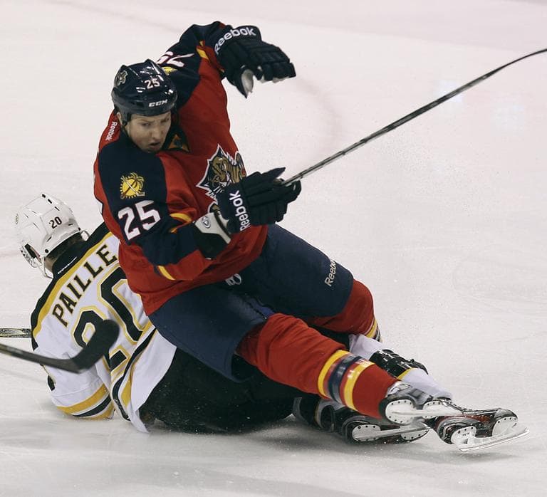 Boston Bruins' Daniel Paille and Florida Panthers' Jerred Smithson fall to the ice during the second period of an NHL hockey game in Sunrise, Fla., Thursday. (AP)