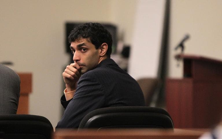 Dharun Ravi waits for the judge to explain the law to the jury before they begin their deliberations during his trial at the Middlesex County Courthouse in New Brunswick, N.J. on Wednesday, March 14, 2012.  Ravi is accused of using a webcam to spy on his roommate, Tyler Clementi,  intimate encounter with another man.  Days later  Clementi committed suicide.  (AP)