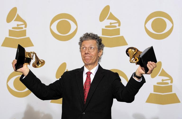 Chick Corea poses with the awards for best improvised jazz solo for &quot;500 Miles High&quot; and best jazz instrumental album for &quot;Forever&quot; at the 54th annual Grammy Awards on Sunday, Feb. 12, 2012 in Los Angeles. (AP)