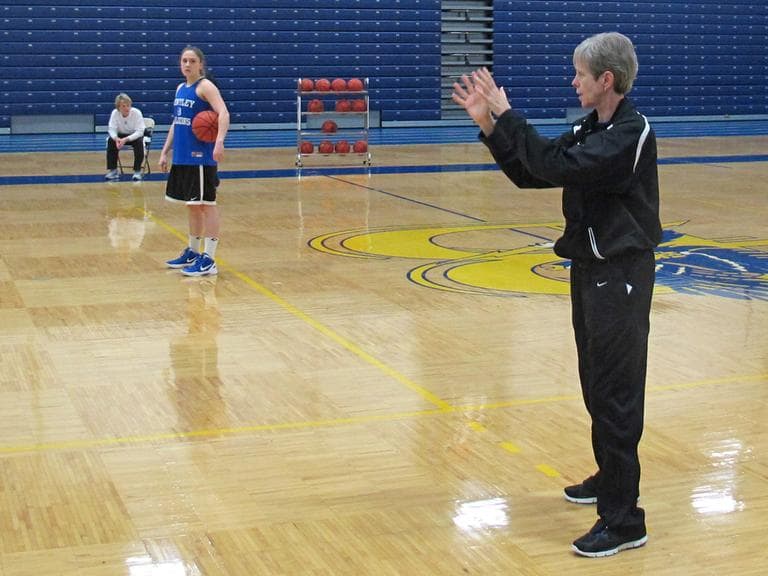 Bentley women's basketball head coach Barbara Stevens at practice on March 14 (Bill Littlefield/WBUR)