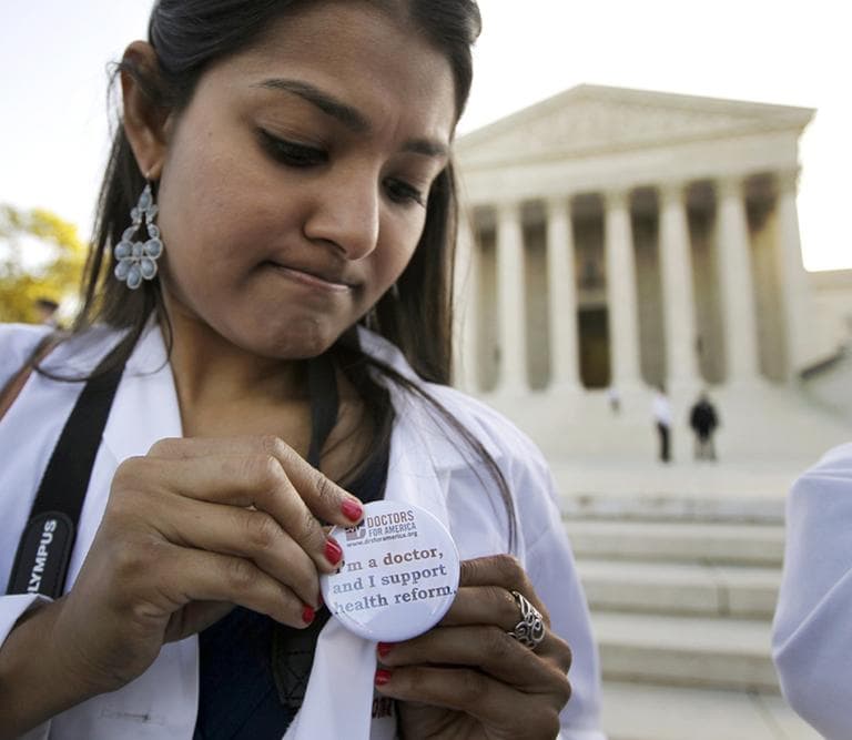 Dr. Sonia Nagda puts a pin supporting the health care reform law signed by President Obama as she gathers with other health care professionals in front of the Supreme Court in Washington, Monday, March 26, 2012, as the court begins three days of arguments on the health care. (AP)