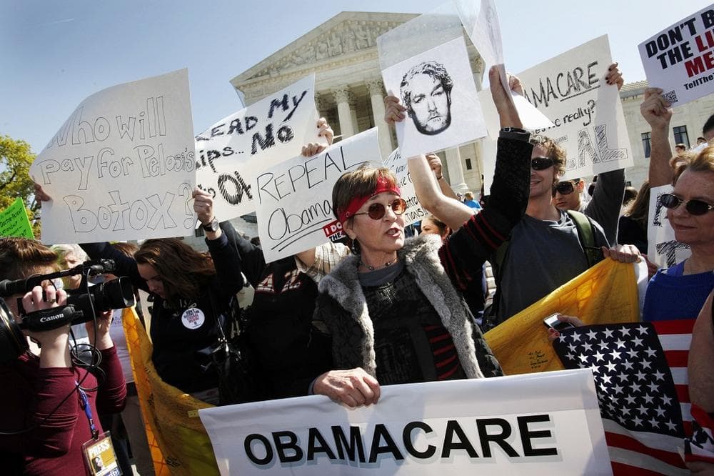 Protesters who identified themselves as being with the Tea Party Patriots, demonstrate against the health care law outside of the Supreme Court in Washington on  Monday. (AP)