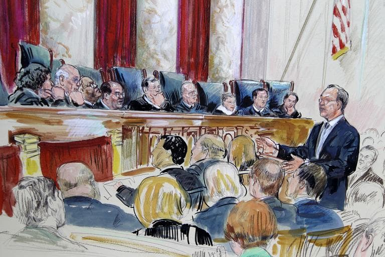 This artist rendering shows Paul Clement speaks in front of the Supreme Court in Washington, Tuesday, March 27, 2012, as the court continued hearing arguments on the health care law signed by President Barack Obama. Justices, seated from left are, Sonia Sotomayor, Stephen Breyer, Clarence Thomas, Antonin Scalia, Chief Justice John Roberts, Anthony Kennedy, Ruth Bader Ginsburg Samuel Alito and Elana Kagan. (AP)