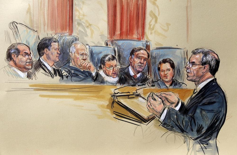 This artist rendering shows Solicitor General Donald B. Verrilli, Jr. speaking in front of the Supreme Court Justice in Washington. (AP)