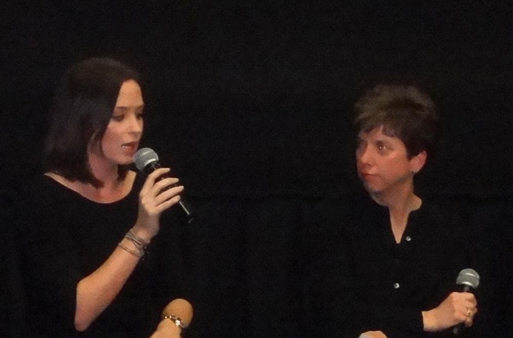 Actress Emily Blunt speaks with Janice Page, film editor of the Boston Globe, at a Boston screening of &quot;Salmon Fishing in the Yemen.&quot; (Courtesy Erika Hale)