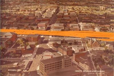Rendering of the Inner Belt going down Brookline Street by Goodkind and O’Dea, Inc. (Courtesy of the Cambridge Historical Society)
