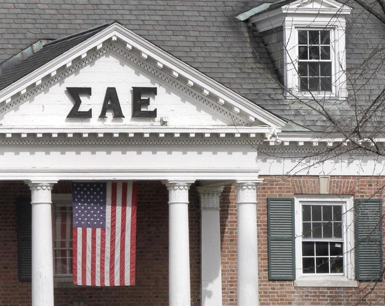 In this photo taken Monday March 12, 2012, students leave the Sigma Alpha Epsilon fraternity on the Dartmouth College campus in Hanover, N.H. (AP)