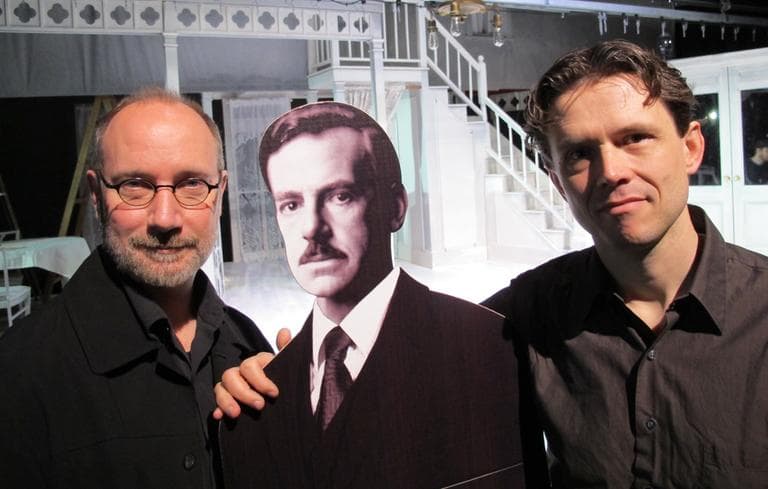 Director Scott Edmiston and actor Lewis Wheeler with a cardboard cutout of playwright Eugene O'Neill. (Andrea Shea/WBUR)
