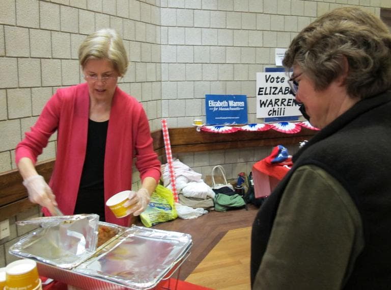 Democratic Senate candidate Elizabeth Warren serves chili at the recent Dorchester Chili Cook-Off. (Monica Brady-Myerov/WBUR)