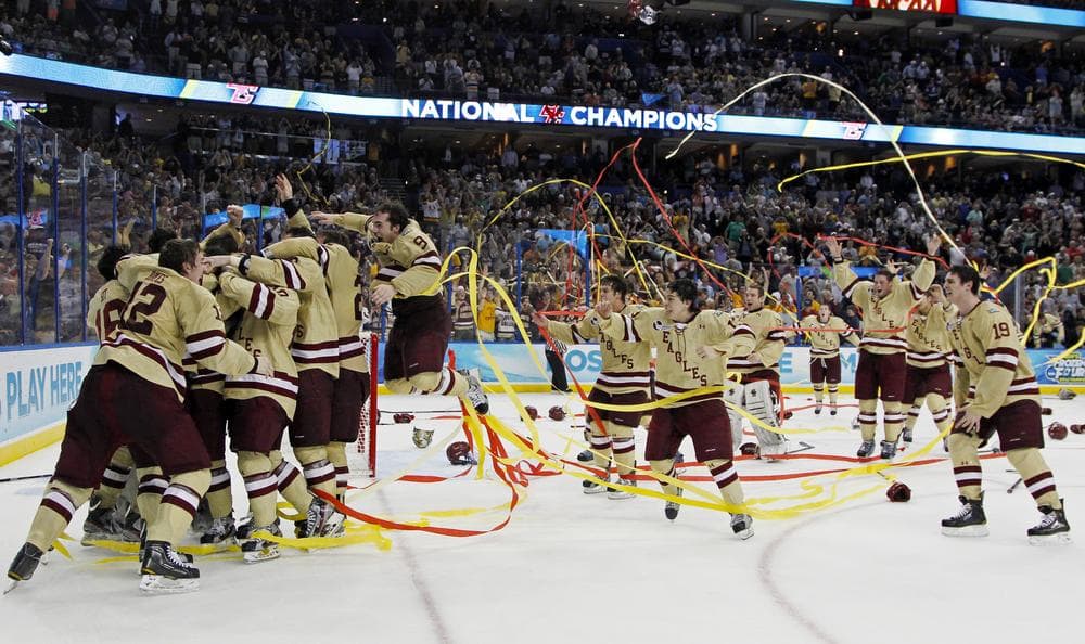 Boston College players celebrate their 4-1 victory over Ferris State in the NCAA Frozen Four college hockey tournament final, Saturday in Tampa. (AP)
