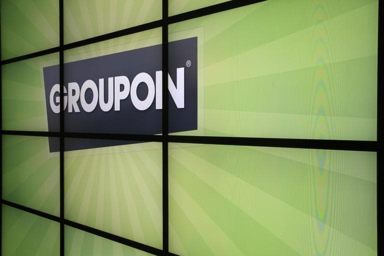 The Groupon logo inside the online coupon company's offices in Chicago (AP)