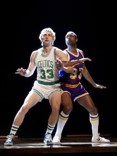 This publicity image shows Tug Coker, as Larry Bird, left, and Kevin Daniels, as Earvin &quot;Magic&quot; Johnson, in a scene from &quot;Magic/Bird.&quot; (AP/Kirmser/Ponturo Group, LLC, Joan Marcus)
