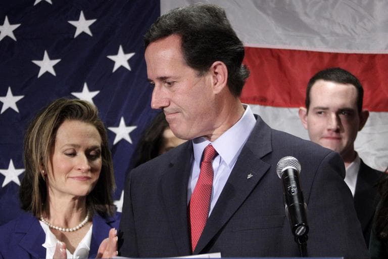 Republican presidential candidate, former Pennsylvania Sen. Rick Santorum turns to his wife Karen, left, after announcing he is suspending his candidacy. (AP)
