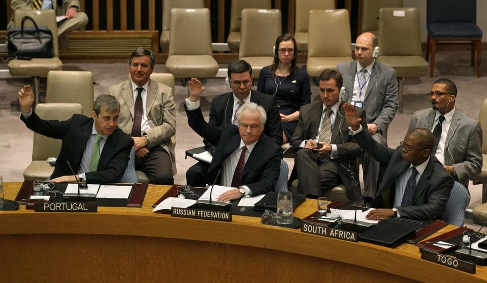 Members of the United Nations Security Council during a unanimous vote Saturday, authorizing the deployment of the first wave of U.N. military observers to Syria. (AP) 