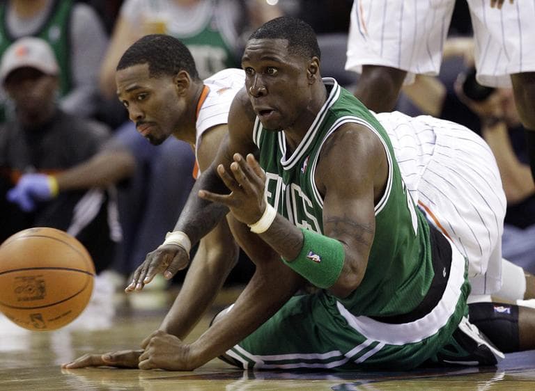Boston Celtics&#039; Mickael Pietrus, front, and Charlotte Bobcats&#039; Derrick Brown chase a loose ball during the second half Sunday. (AP)